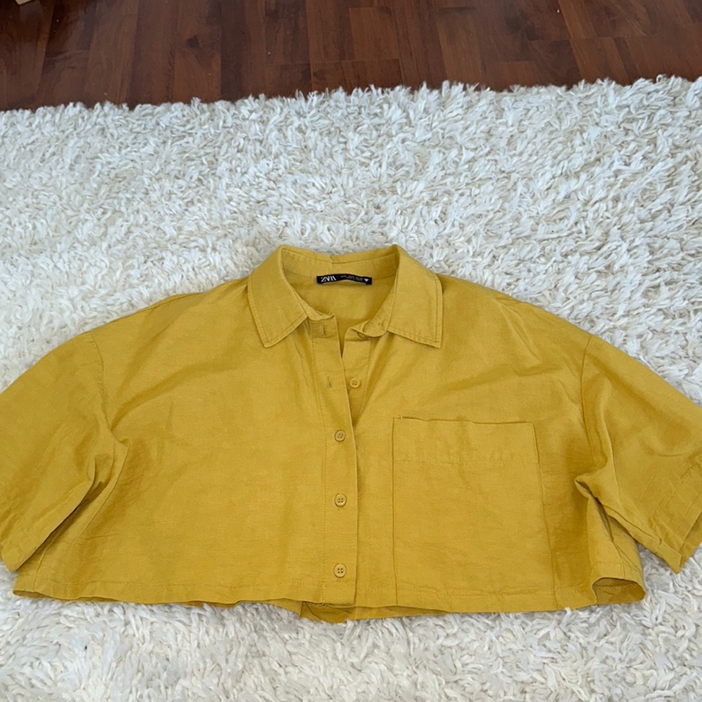 Zara, Size S, worn once, Yellow, cropped tee, 35% cotton, 15%linen, 50% viscose